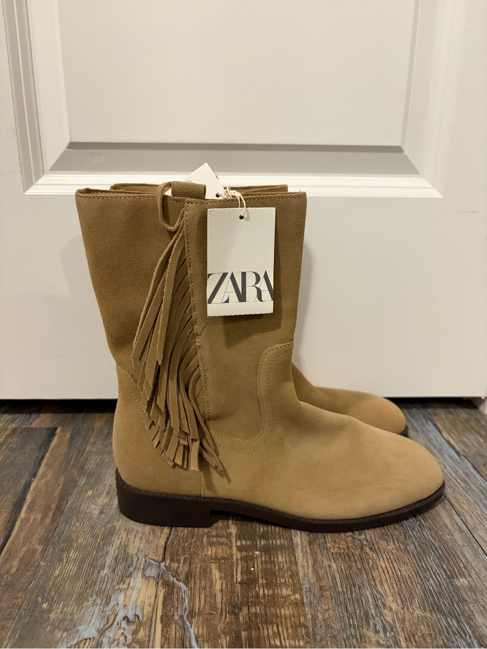 ZARA Tan Suede Fringe Mid-Calf Boots